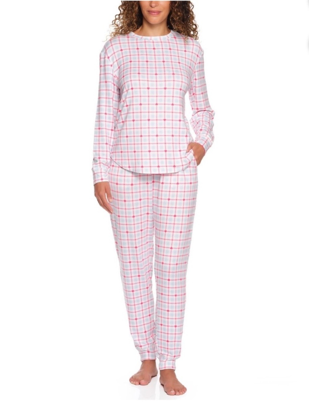LOFT Pink and White Plaid Long-Sleeve Pajama Set